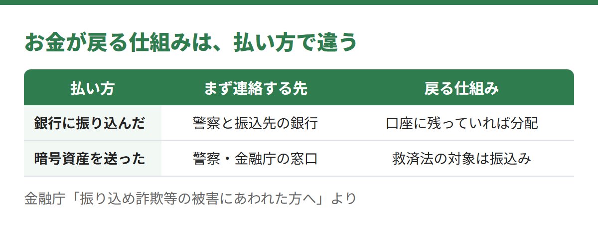 銀行に振り込んだ場合は警察と振込先の銀行に連絡し、口座に残っていれば分配。暗号資産を送った場合は警察と金融庁の窓口へ。振り込め詐欺救済法の対象は振込み