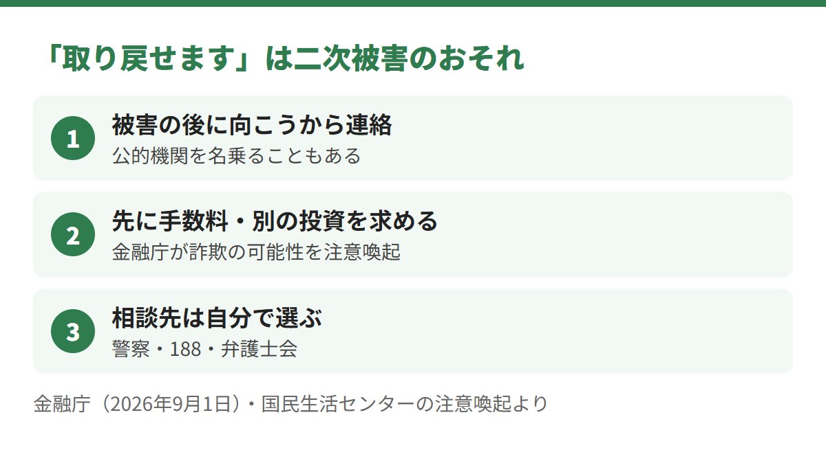 取り戻せますという連絡は二次被害のおそれ。被害の後に向こうから連絡が来る、先に手数料や別の投資を求める、相談先は自分で選ぶ
