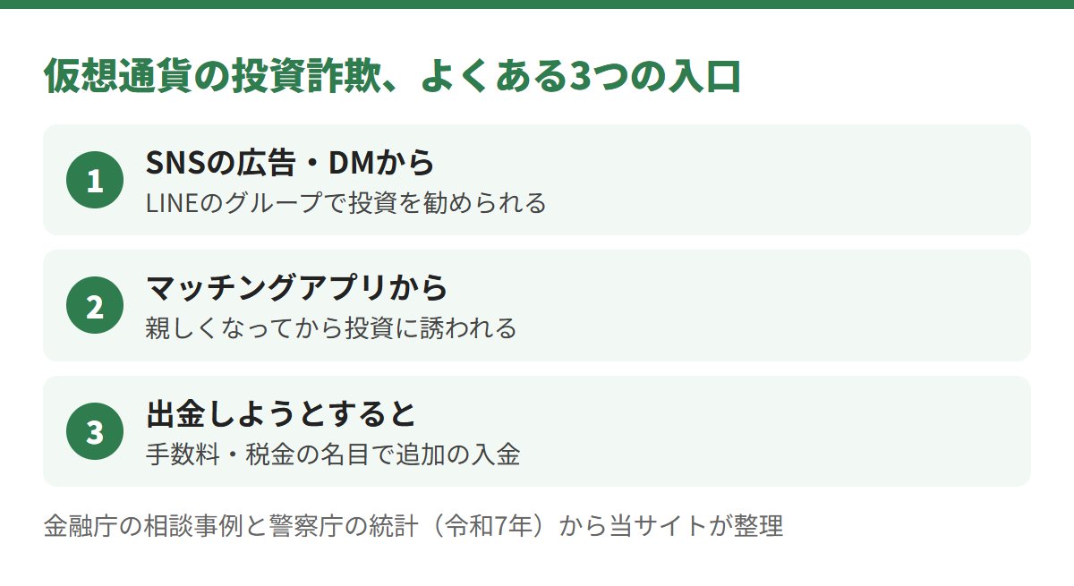 仮想通貨の投資詐欺のよくある入口は3つ。SNSの広告やDMからLINEのグループへ、マッチングアプリで親しくなってから投資へ、出金しようとすると手数料や税金の名目で追加の入金