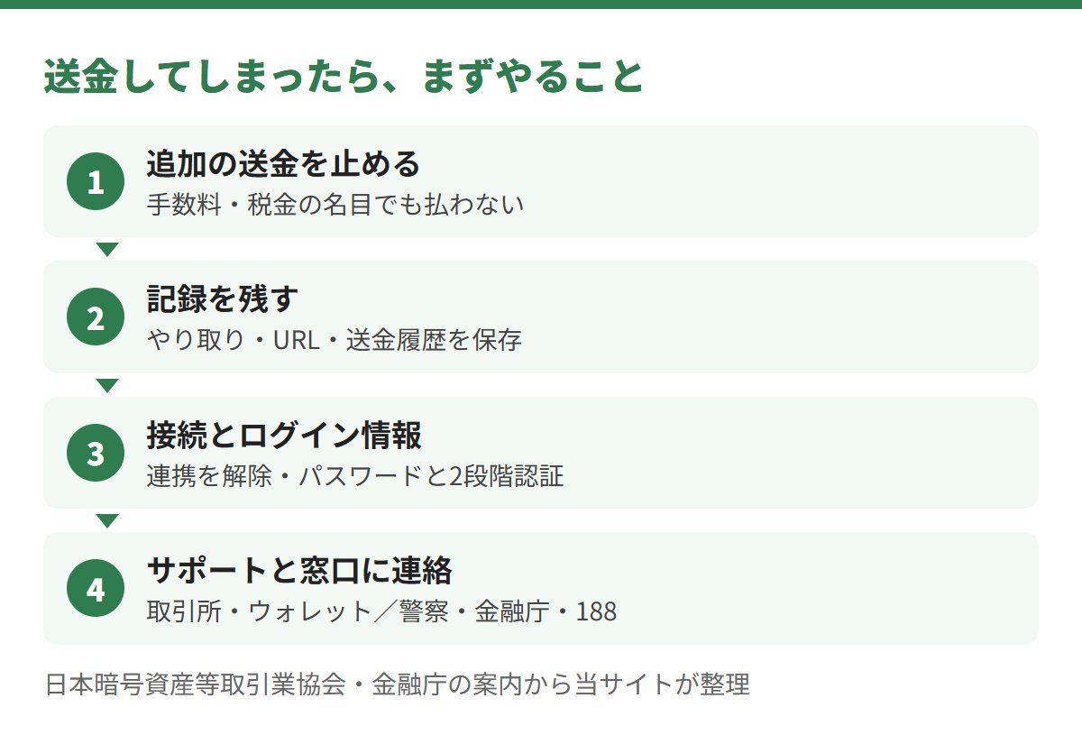 送金してしまったら、追加の送金を止める、記録を残す、ウォレットの連携とパスワードを見直す、取引所・ウォレットのサポートに連絡する、警察・金融庁・188に相談する