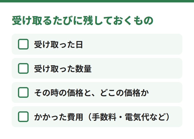 受け取るたびに残しておくもの。受け取った日、受け取った数量、その時の価格とどこの価格か、かかった費用